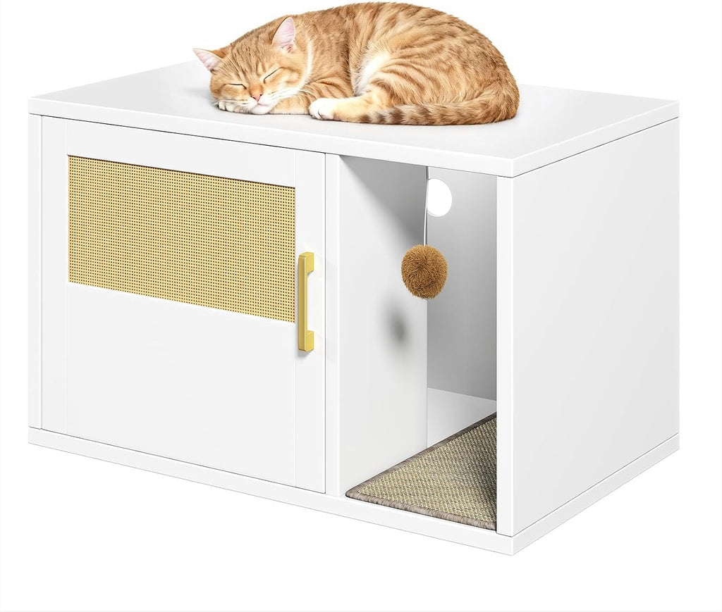 Cat Litter Box Enclosure Furniture - Hidden Cabinet with Odor Control & Scratching Pad, Wooden End Table Bedroom