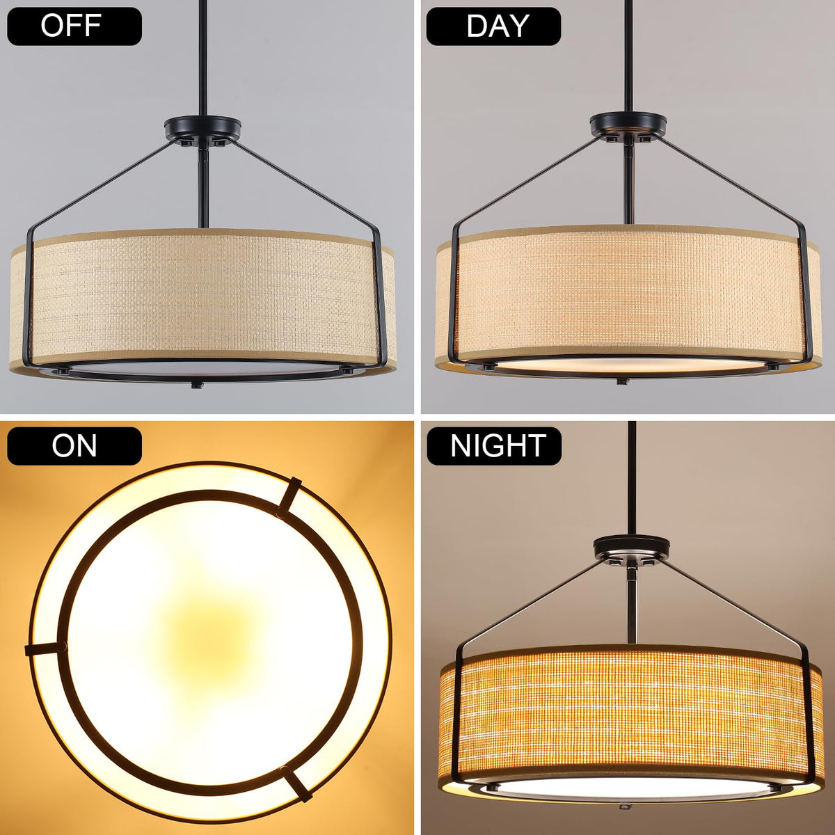 20Inch Drum Chandeliers, Yellow Rattan Drum Chandelier with Metal and Fabric Shade, Adjustable Height, Simple Modern