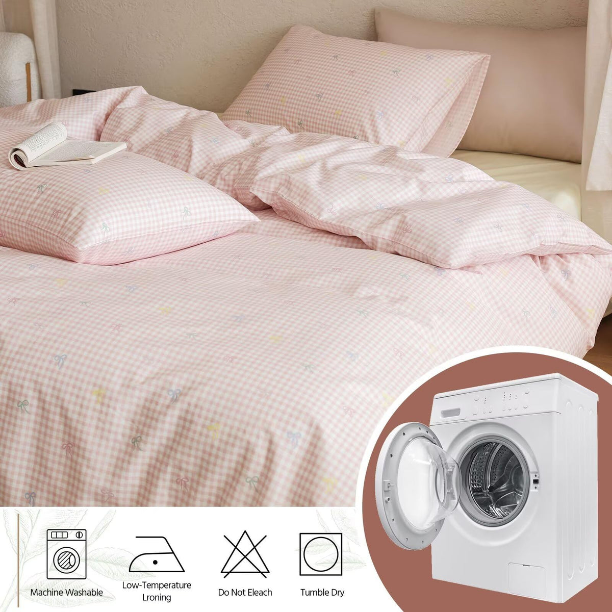 Pink Gingham Cotton Duvet Cover 3 Pcs, 100% Cotton Duvet Cover with 2 Pillowcases, Rustic Aesthetic