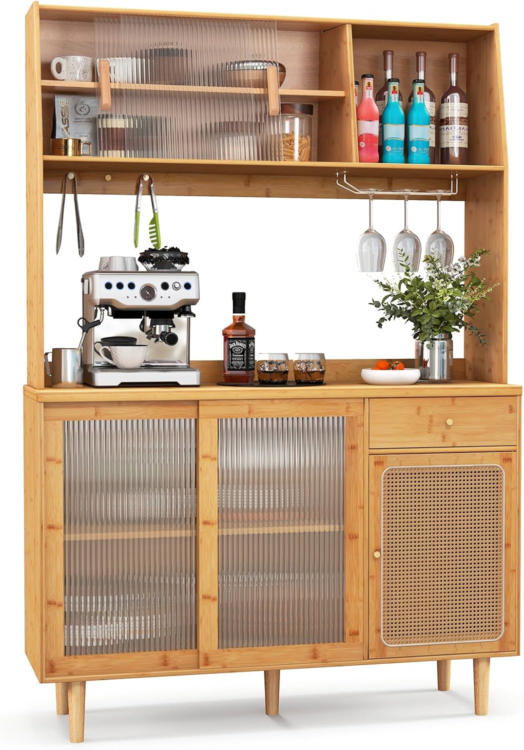 69" Kitchen Pantry Cabinet, Bamboo Hutch Storage Cabinet w/Storage