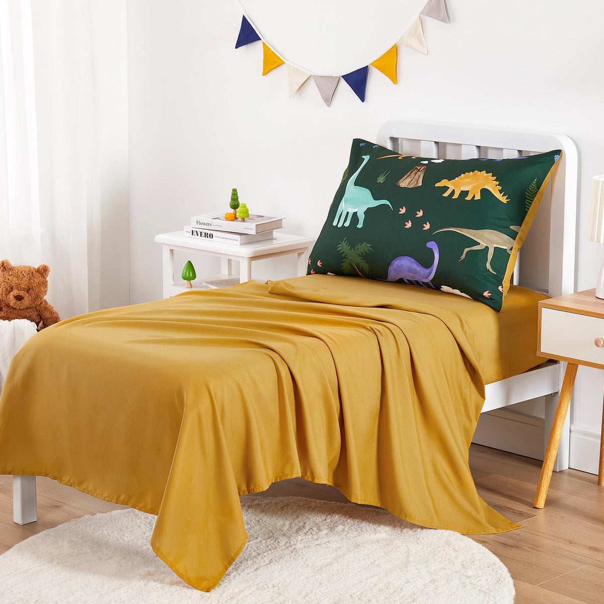Toddler Bedding Set for Boys, Colorful Jurassic Dinosaur Volcano, 4 Pieces Soft Crib Bed Set Including Comforter