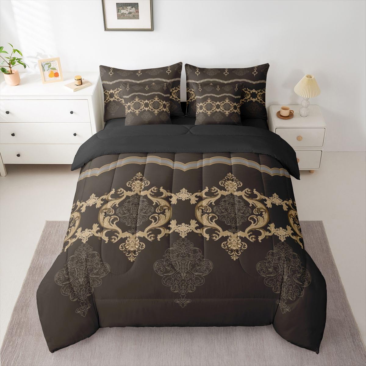 White Yellow Black Baroque Victorian Comforter Set