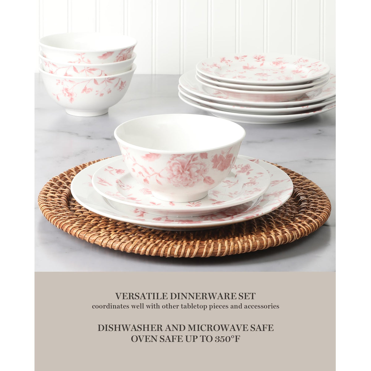 Empress Bouquet 12-Piece Decorated Porcelain Chip and Scratch Resistant Dinnerware Plates and Bowls Set - Pink Floral