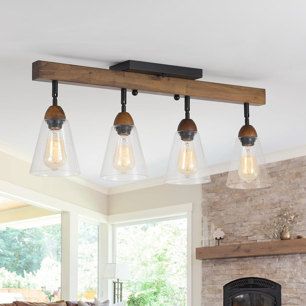 4-Light Large Rustic Farmhouse Wood Flush Mount Ceiling Light Fixture Clear Seeded Glass Shade and Oak Wood Track