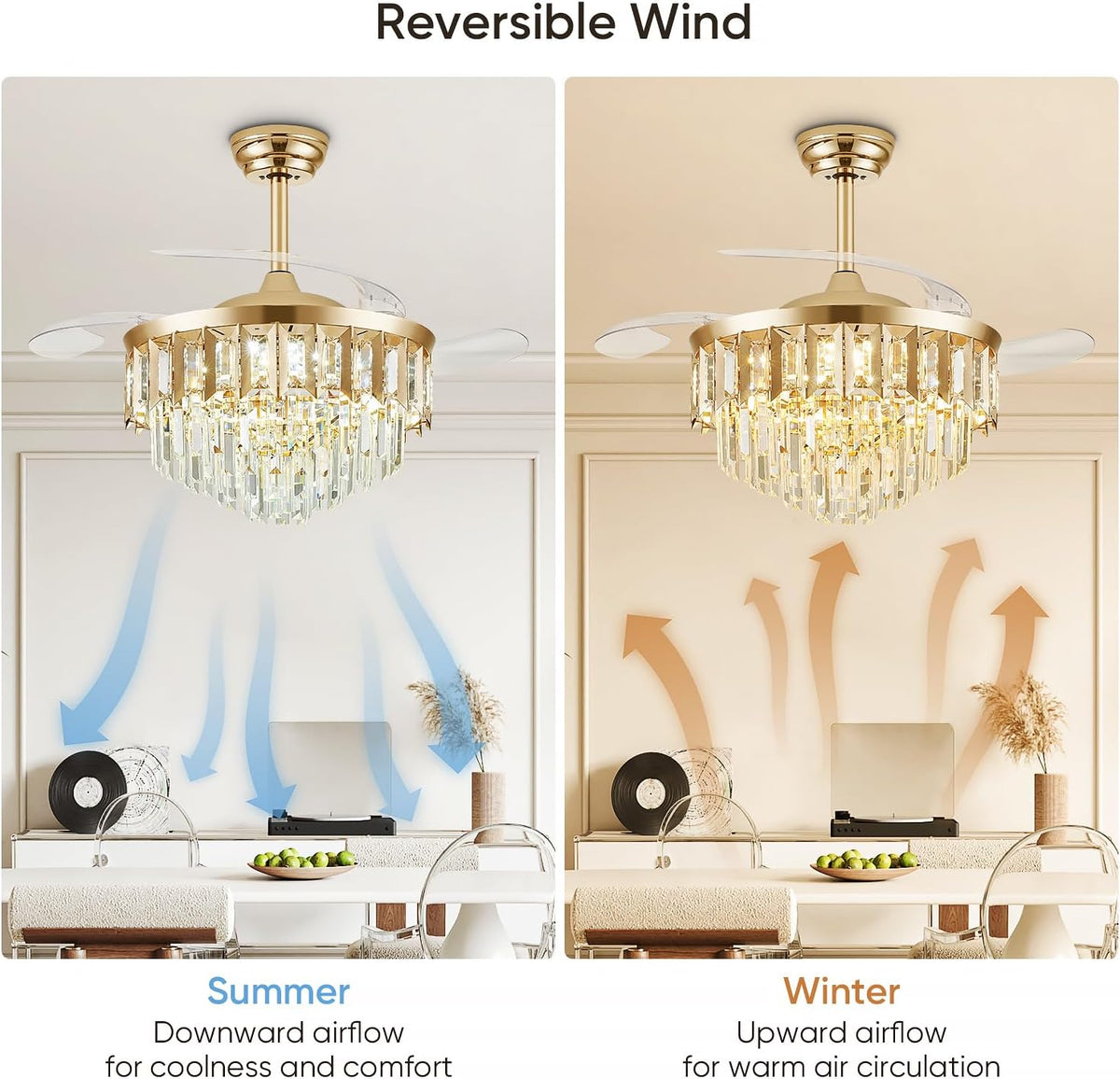42" Crystal Retractable Ceiling Fan with Light