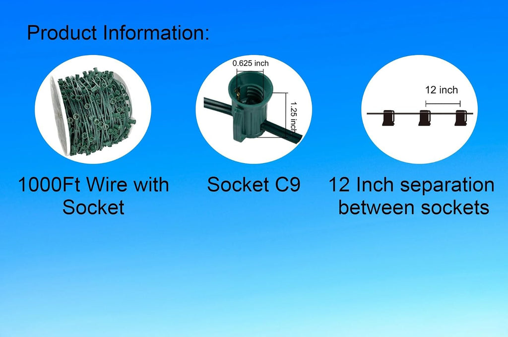 1000 feet C9 Christmas Spool Green Wire with Socket - 12 inch Spacing, Intermediate Base (C9/E17), Spt-1, Stringer