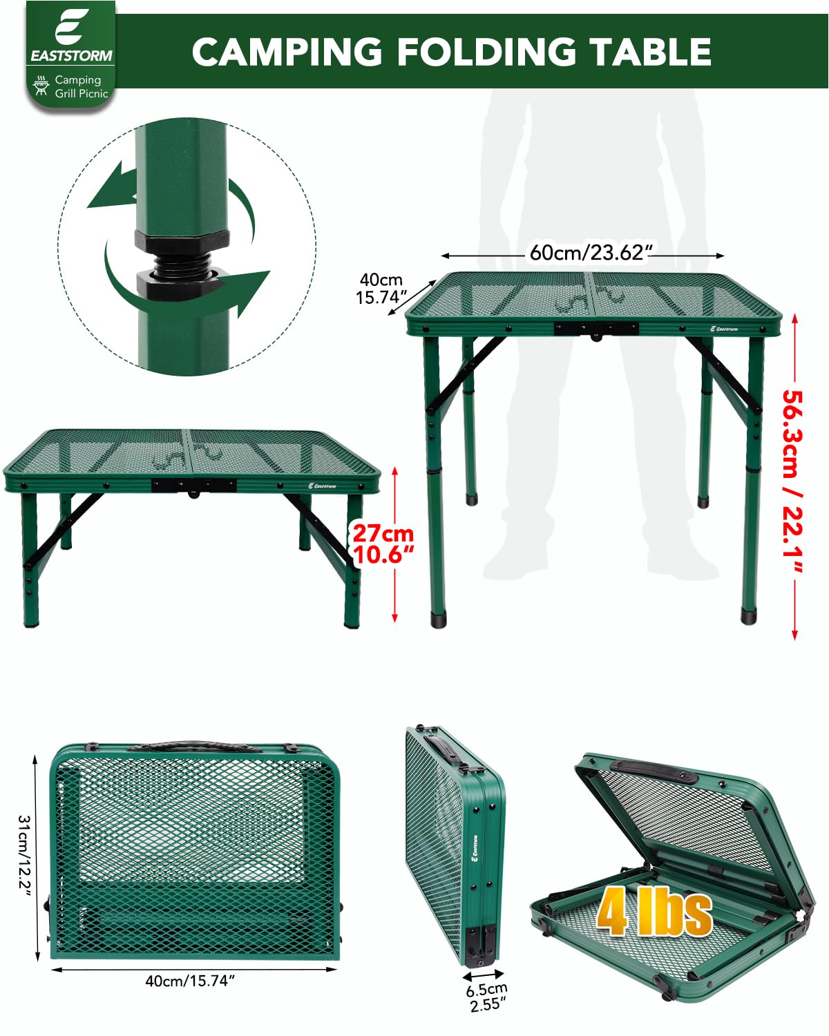 Small 2ft Folding Table with Carry Handle, Adjustable Height 10.6" or 22", Green Metal Mesh, Portable & Compact