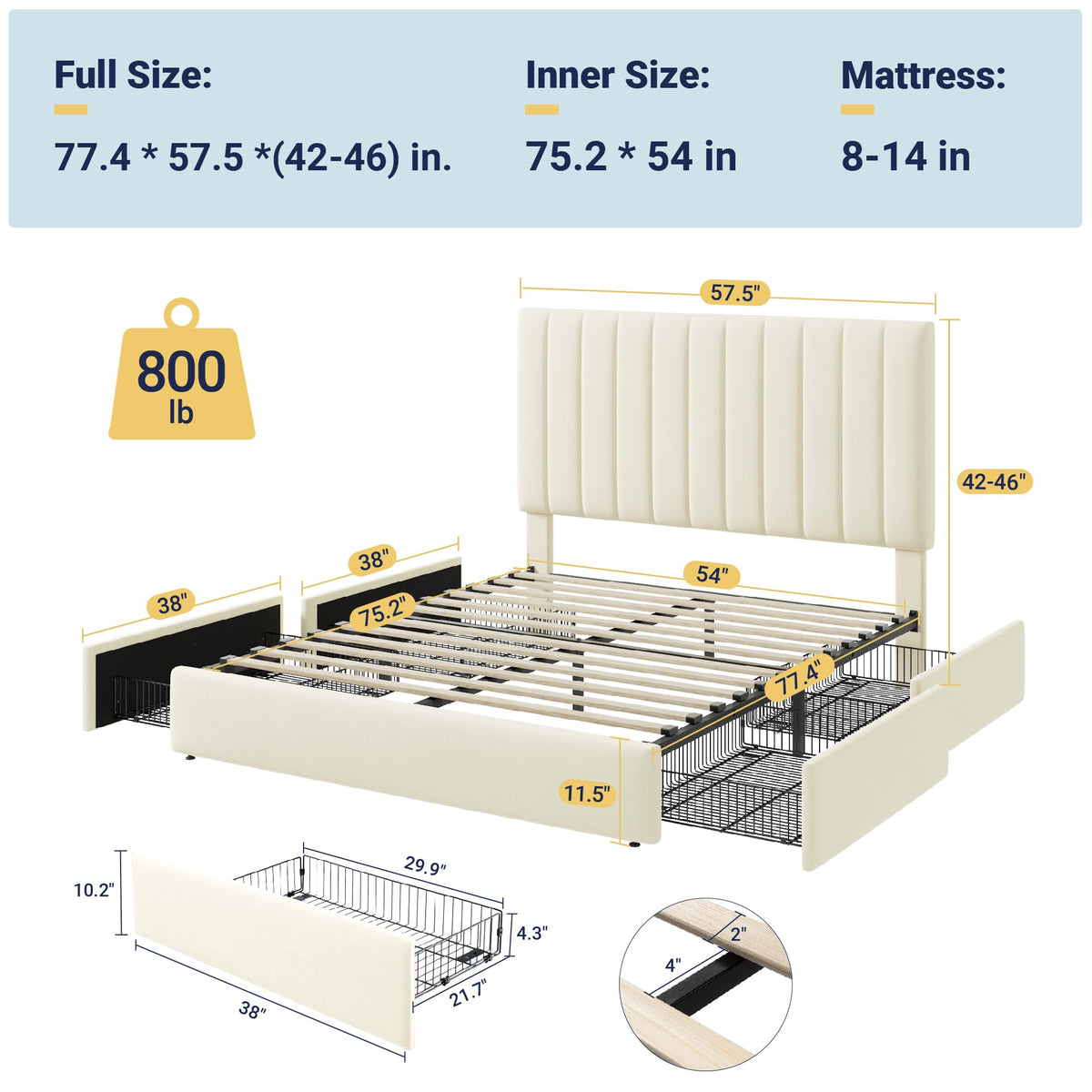 Full Size Storage Bed Frame, Vertical Channel Tufted Adjustable Headboard, Velvet Upholstered Platform Bed with 4