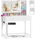 Small Vanity Desk, Vanity Desk with Mirror and Lights, Makeup Vanity Desks with Power Strip, Vanity Table with