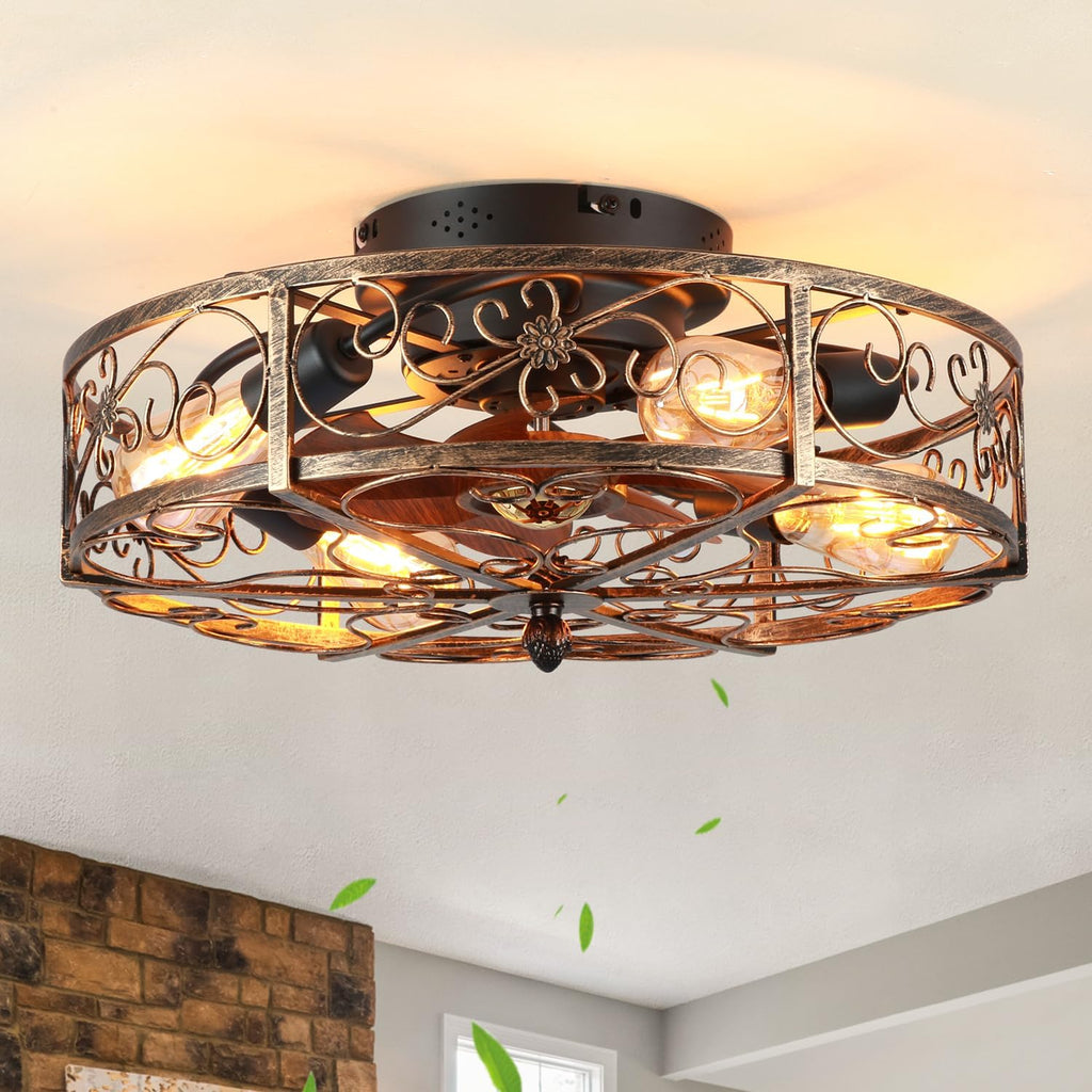 20" Flush Mount Caged Ceiling Fan with Light & Remote