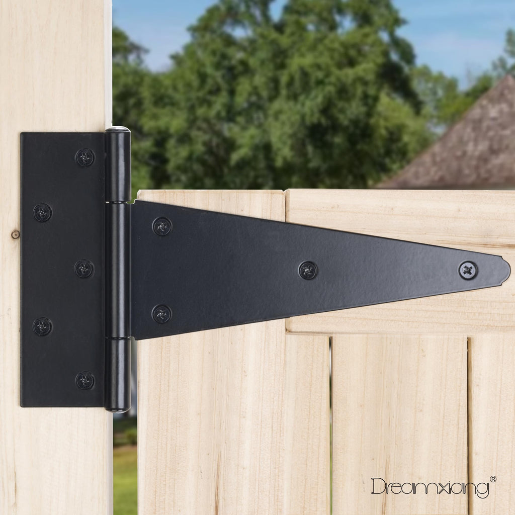 10 Inch T-Strap Gate Hinges, Heavy Duty Shed Barn Door Hinges, Black Tee Hinges for Wooden Fence, Yard Gate, Wrought