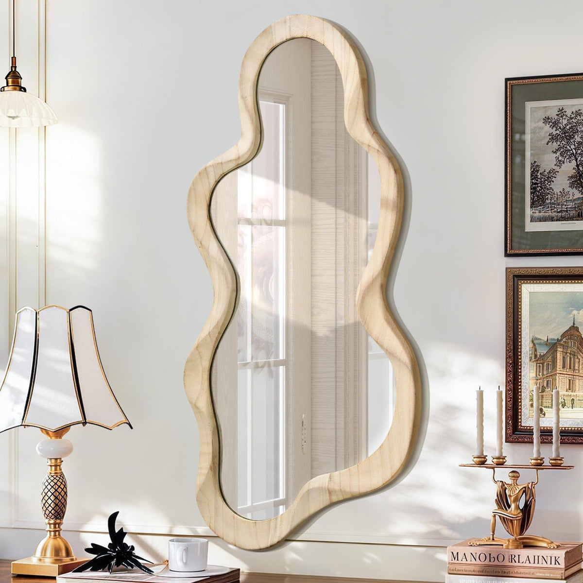 Large Asymmetrical Mirror, Irregular Cloud Wall Mirror Wood Frame Mirror