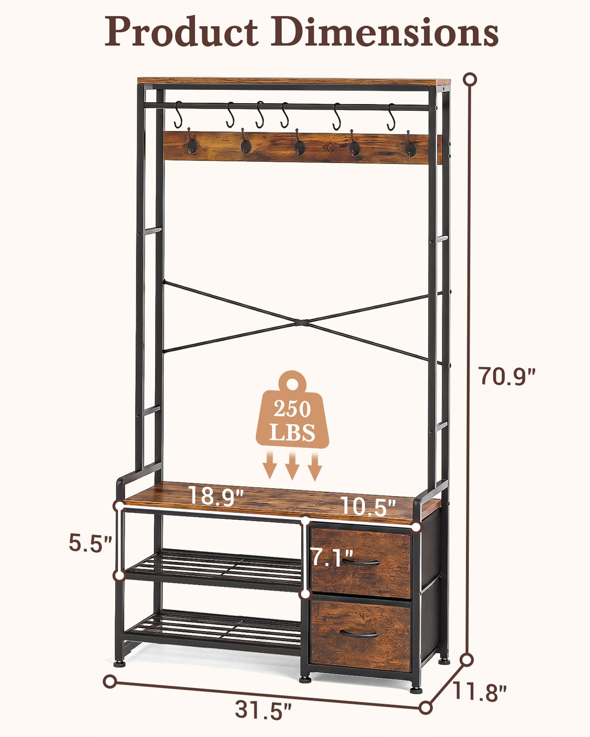 Hall Tree with Bench and Shoe Storage, Rustic Brown