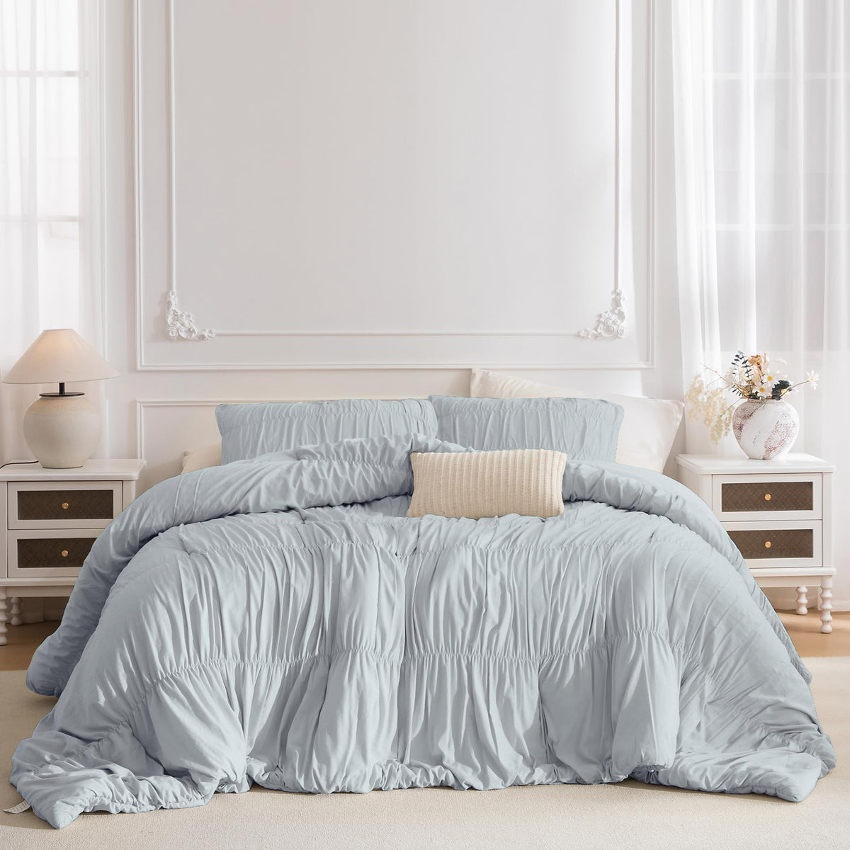 Comforter Set Light Blue Ruched Bedding Comforter Sets, Ultra Soft Ruffle Fluffy 106"*95" Shabby and