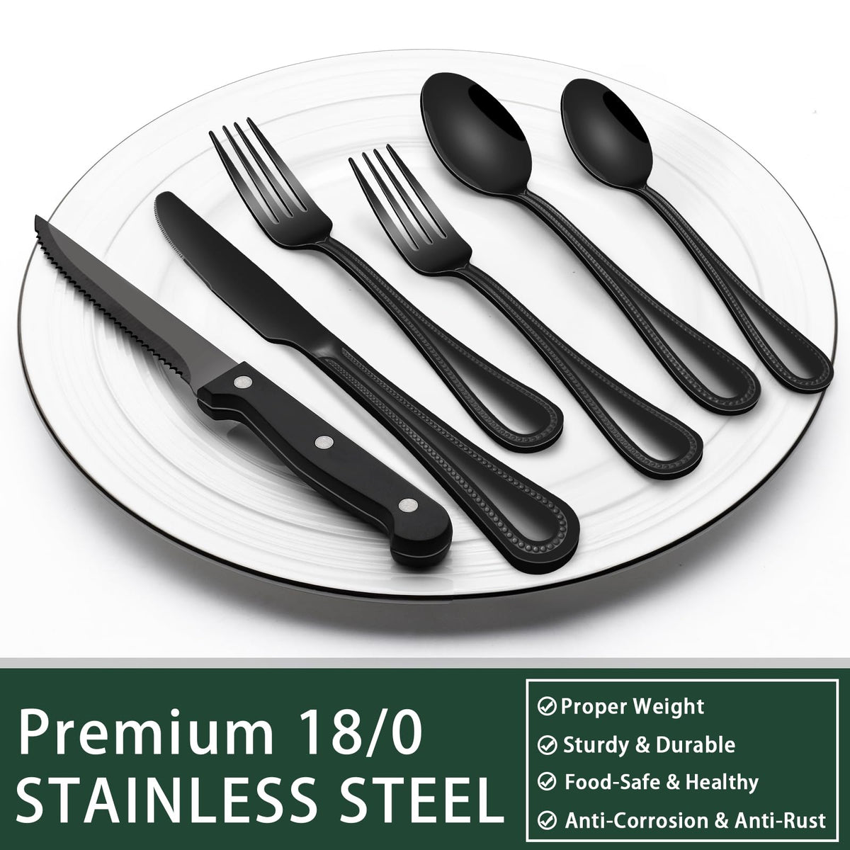 24-Piece Black Silverware Set with Steak Knives, Black Flatware Set for 4, Food-Grade Stainless Steel Tableware