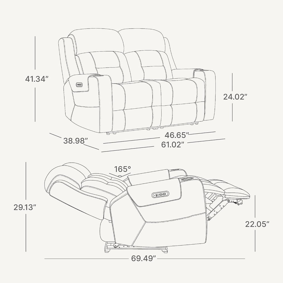Genuine Leather Power Loveseat Recliner Sofa, Lay Flat Loveseat Reclining Sofa with Power Headrest, Cup Holders, USB