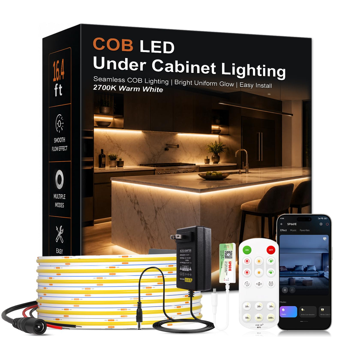 Under Cabinet LED Lighting kit, Plug in 16.4ft COB LED Strip Lights