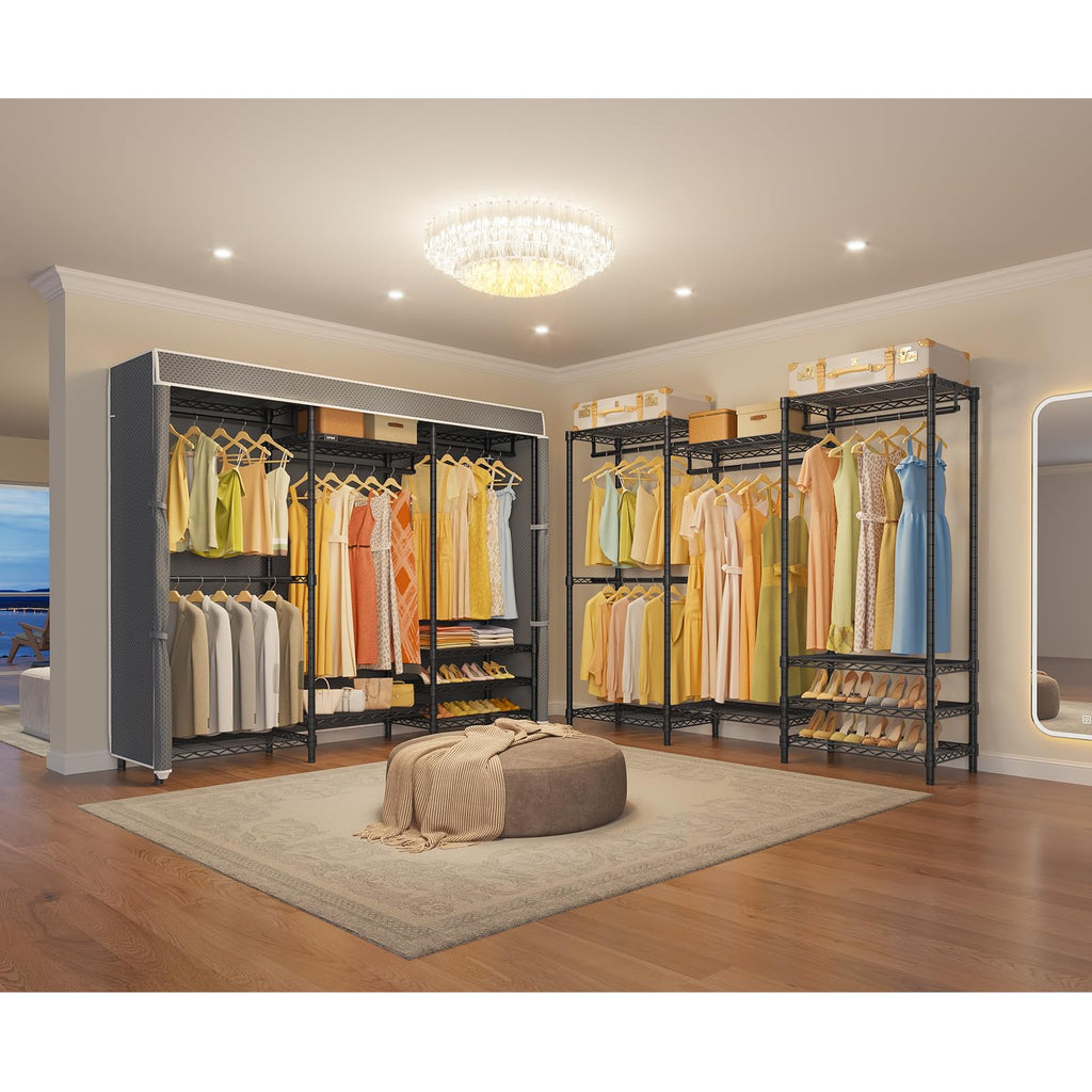 V5C Portable Closet Wardrobe Bedroom Armoires Heavy Duty Covered Clothing Rack, Black Metal with Grey Oxford Fabric