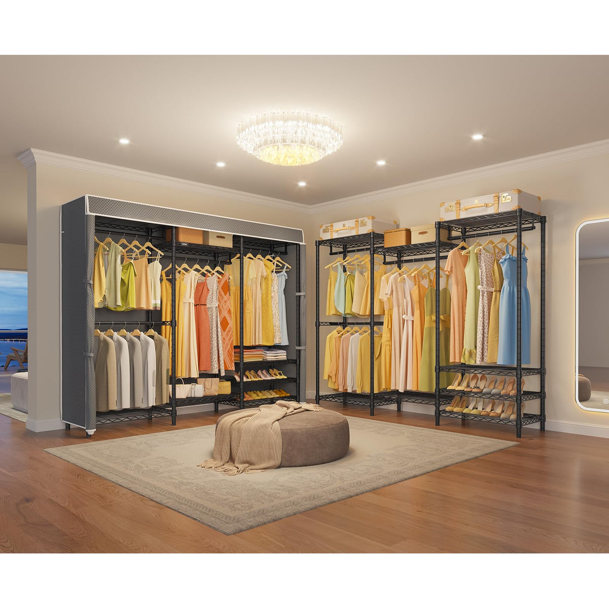 V5C Portable Closet Wardrobe Bedroom Armoires Heavy Duty Covered Clothing Rack, Black Metal with Grey Oxford Fabric