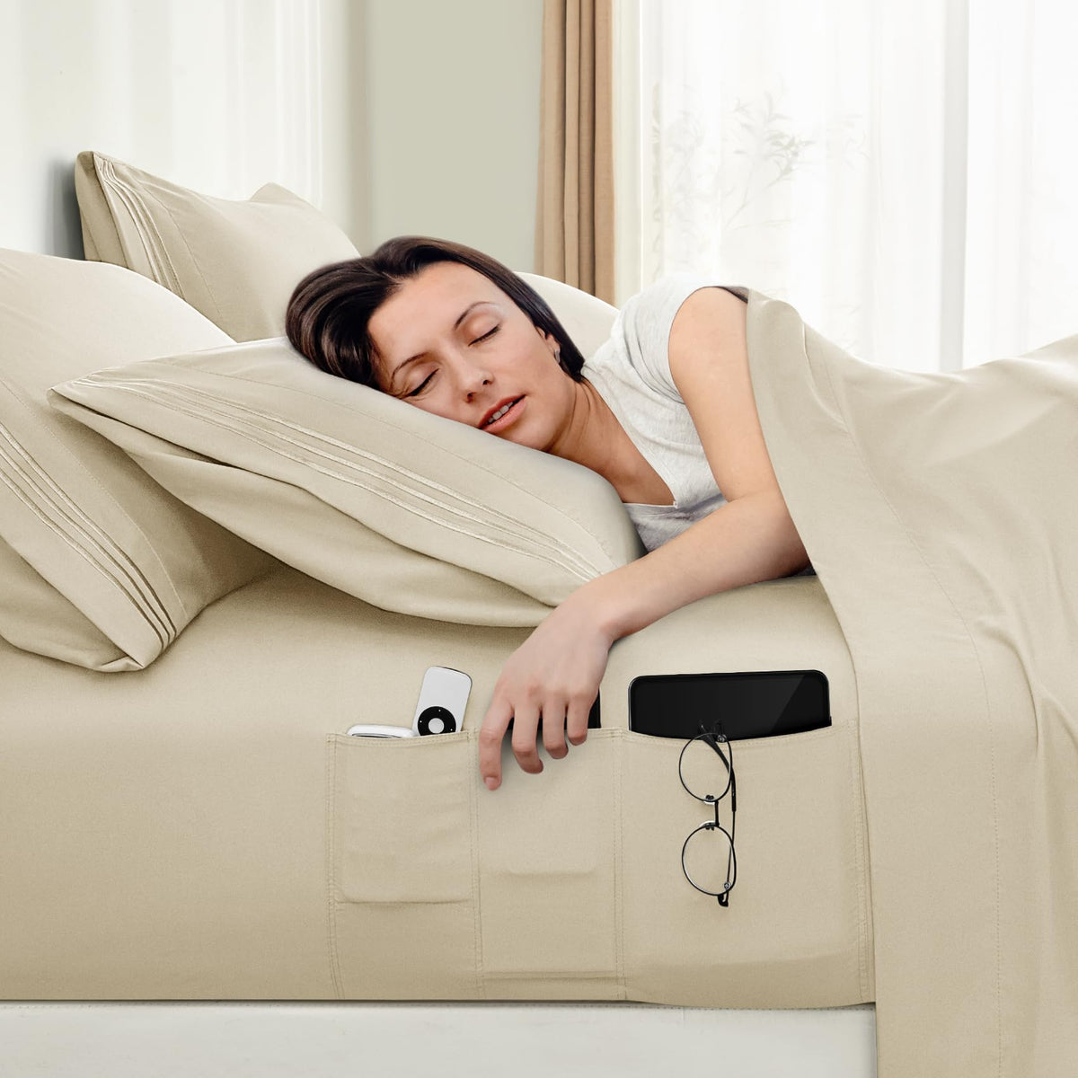 6 Pieces Bed Sheets Set with Pockets on Side(Cream), Sweat-Wicking Breathable Sheets, 16-inch Super Soft Hotel