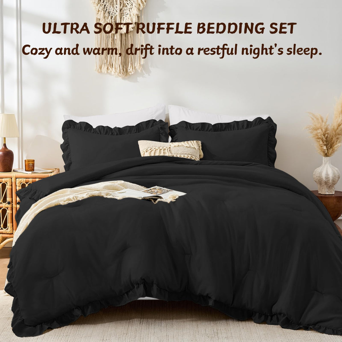 Comforter Sets, Ruffle Bedding Set, 3 Piece Bed Set, Black