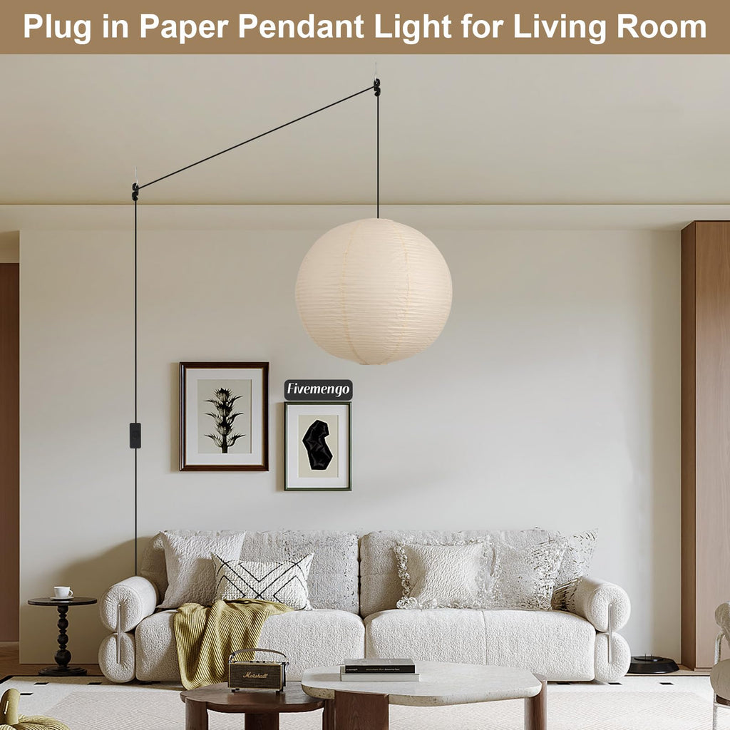 Inspired Noguchi Style 20in Paper Lanterns Plug in Hanging Lamp Off-White 19.7FT Cord