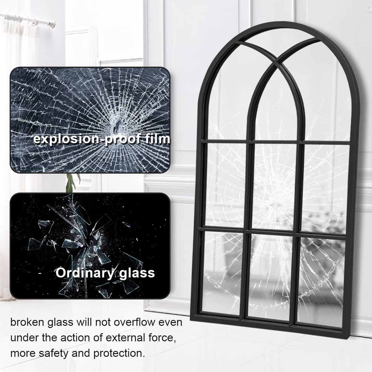 Arched Window Wall Mirror, 42"x24" Windowpane Mirror, Black