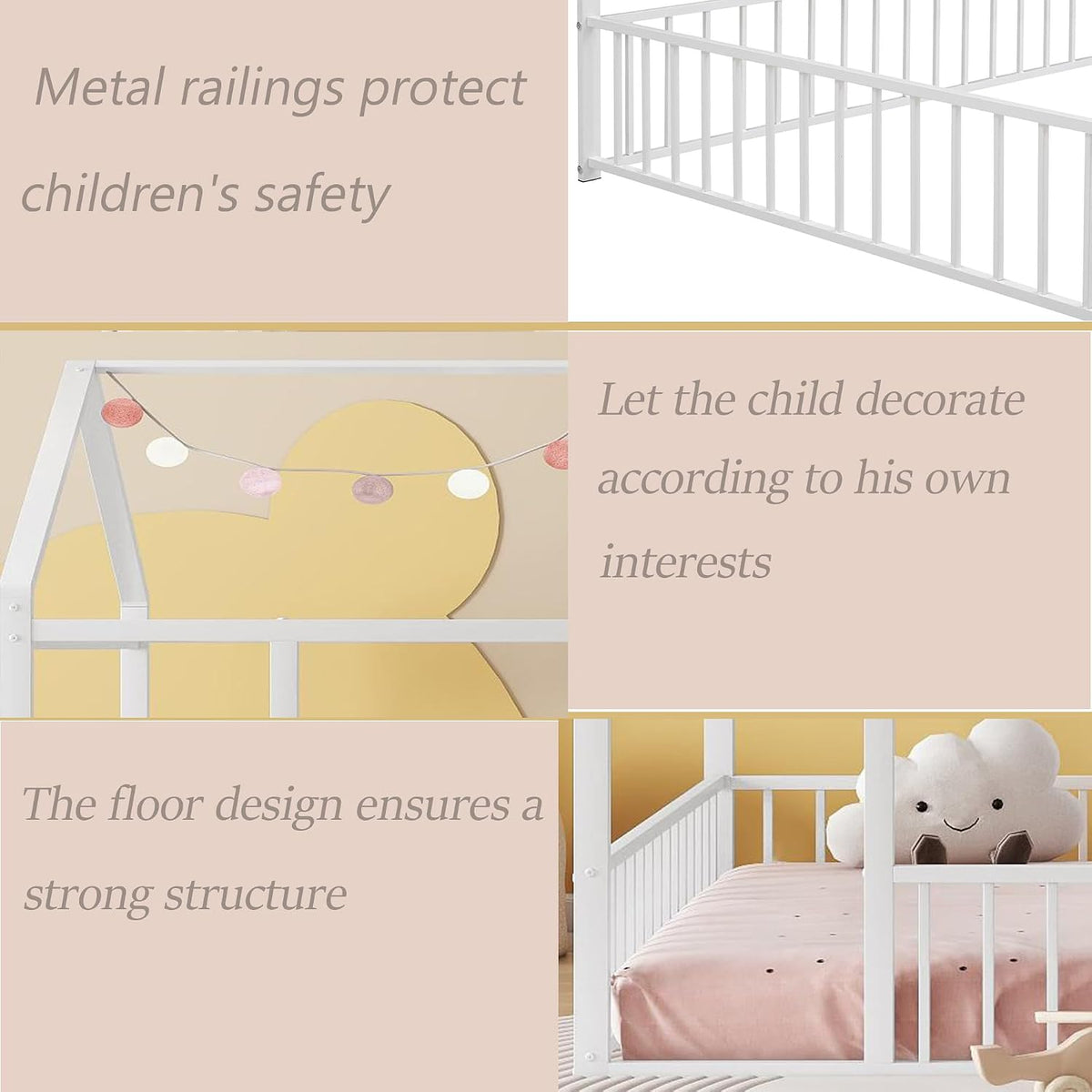 Floor Bed Frame, Metal Montessori Floor Bed with Fence for Boys Girls Bedroom Playhouse for Kids No Slat
