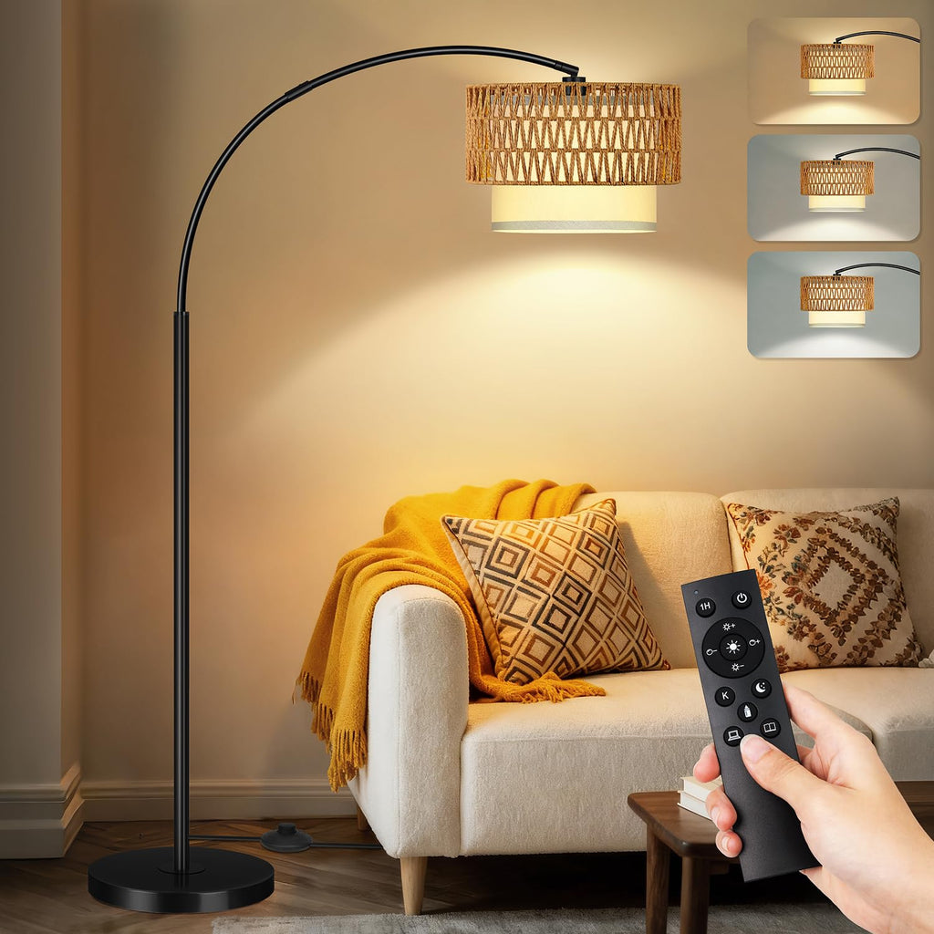 Arc Floor Lamp, Rattan Boho Floor Lamp with Remote Control, Black Standing Lamp with 3 Color Temperatures & Dimmable