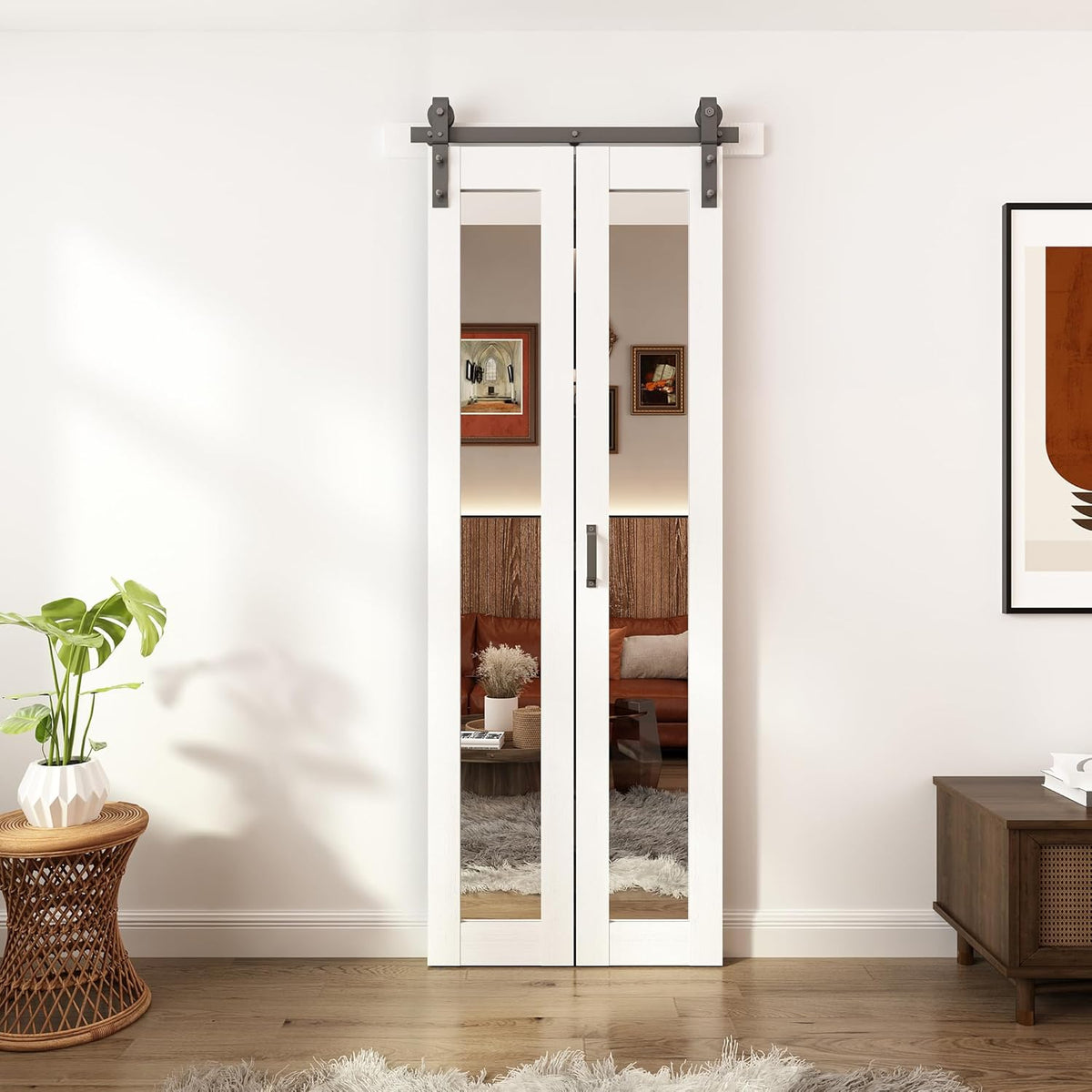 Bifold Barn Doors Mirror Closet Door, Bi fold Sliding Barn Doors with Hardware Include, Shatterproof Mirror Door