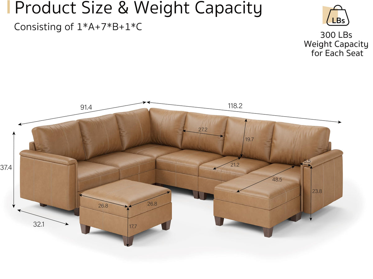 Faux Leather Sectional Sofa, 6 Seater V-Shaped Couch, Brown
