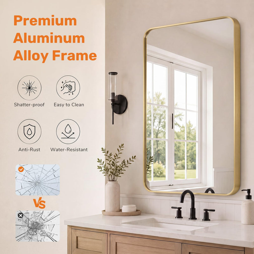 Bathroom Wall Mirror, 36x24 Inch Mirror for Over Sink, Gold