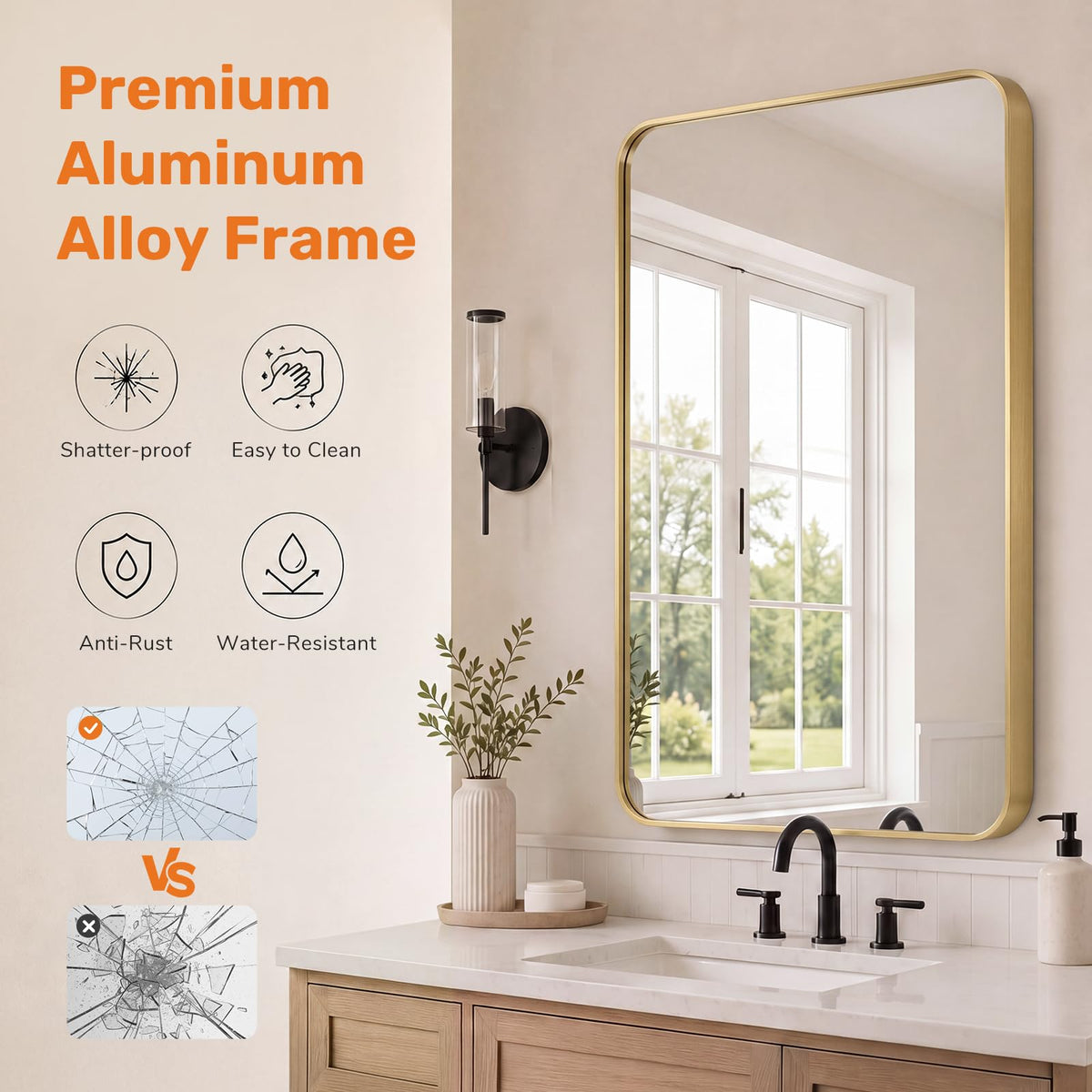 Bathroom Wall Mirror, 36x24 Inch Mirror for Over Sink, Gold