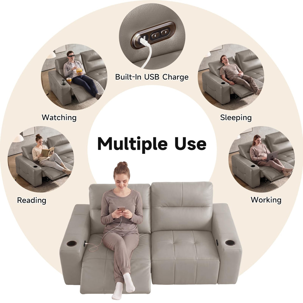 Power Reclining Loveseat Zero Gravity Genuine Leather Sofa with USB Port