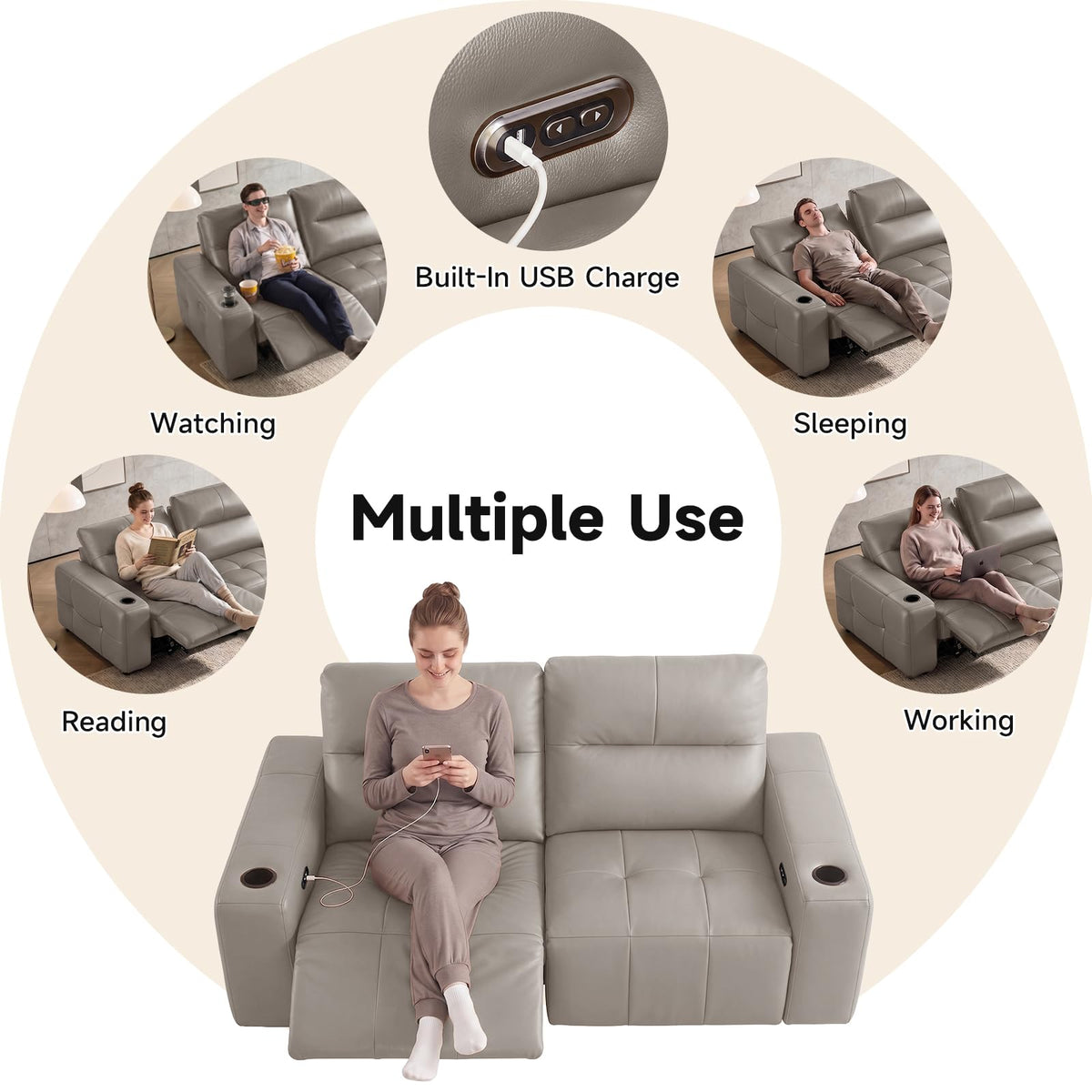 Power Reclining Loveseat Zero Gravity Genuine Leather Sofa with USB Port