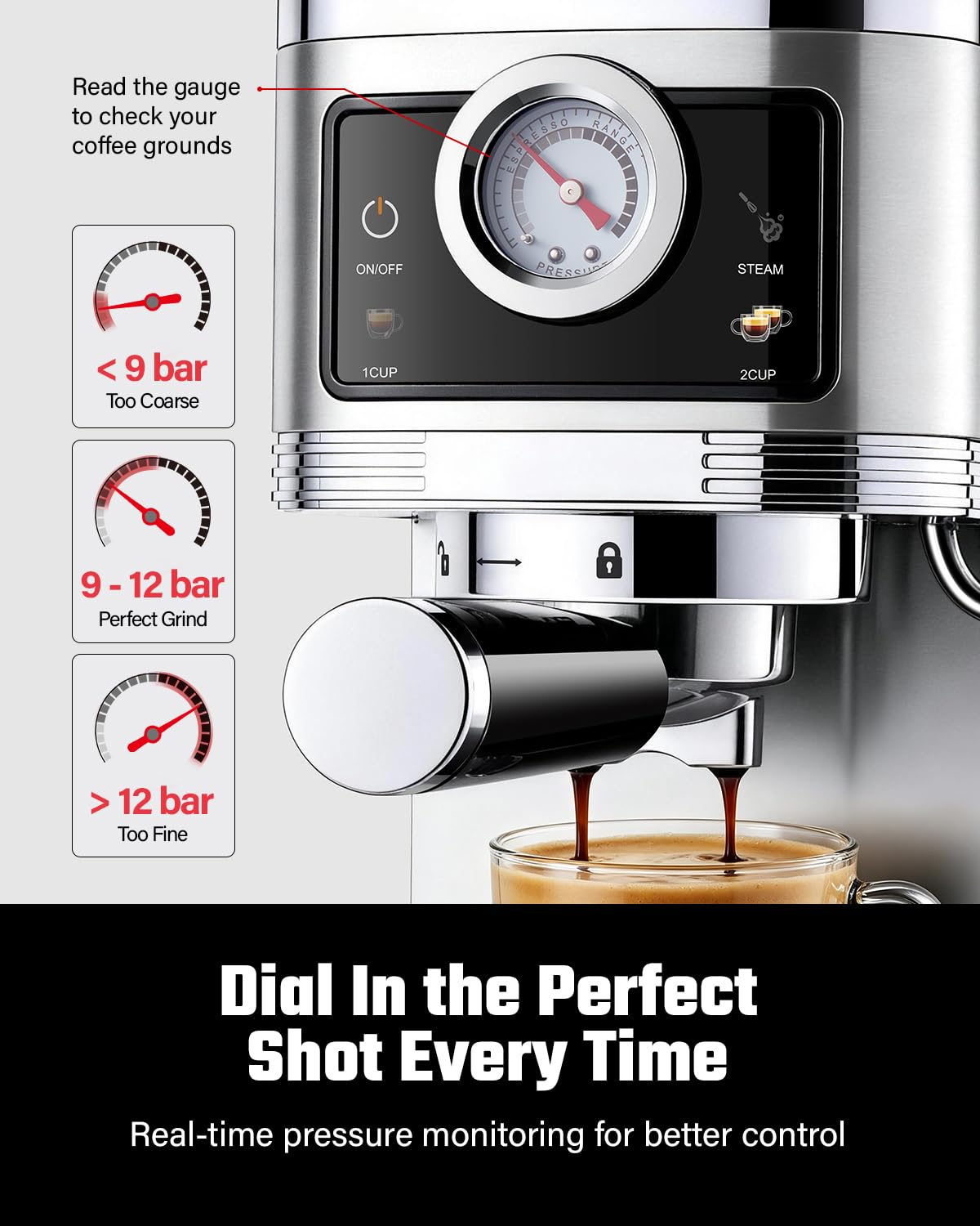 Espresso Coffee Machine 20 Bar with Milk Frother, Stainless Steel