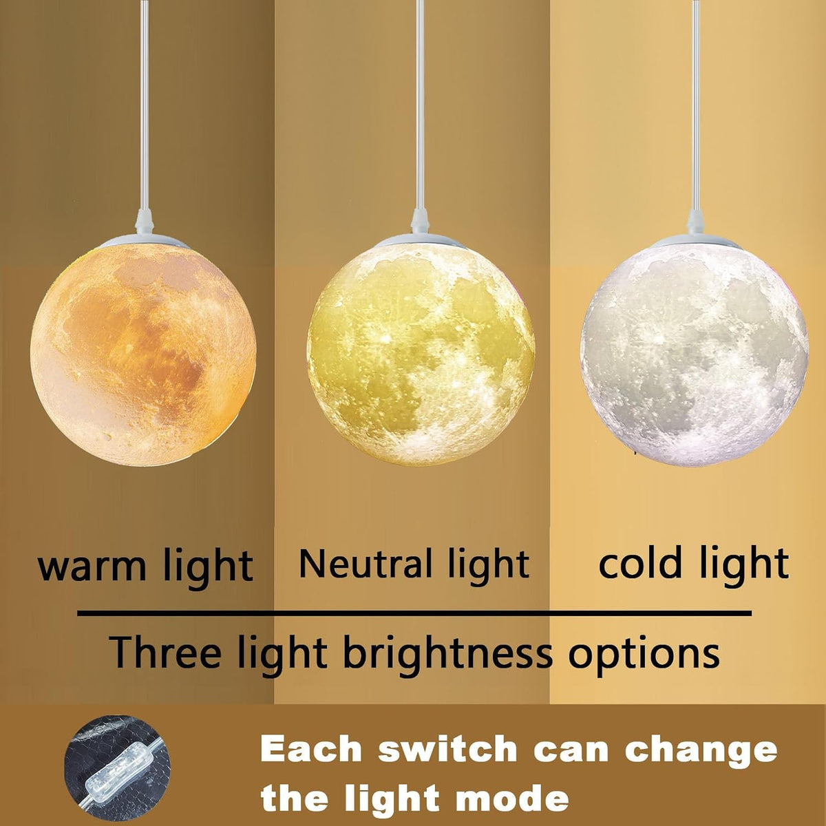 Plug-in Moon Pendant Light, Hanging Lamp with Switch & Cord, Color Dimmable LED Ceiling Lamp for Kids' Bedroom or