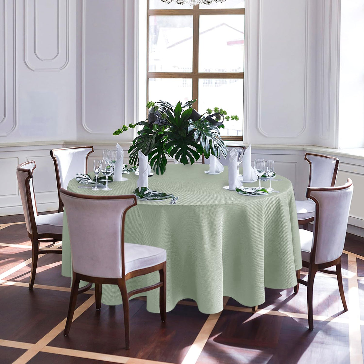 Textured Round Tablecloth-Fabric Water Resistant Table Cloth-Sage Green 90"