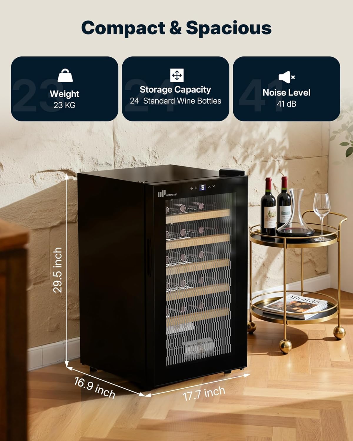 24 Bottle Wine Cooler Refrigerator, Compact Small Built-in or Freestanding Wine Fridge, 41-68°F Temperature Control