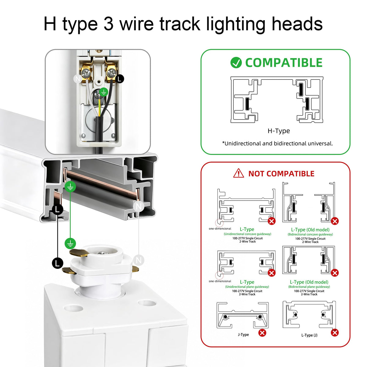 Linear LED Flood Track Heads, H-Type 3-Wire Fit, 3 CCT 3000K/4000K/6000K, Flicker-Free Anti-Glare Track Lights s