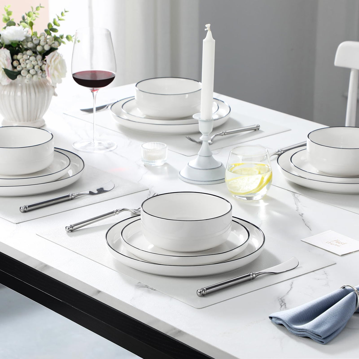 Plates and Bowls Sets, 12 Pieces Modern Porcelain Dinnerware Set for 4 White Kitchen Dinner Dining Ware Set wtih
