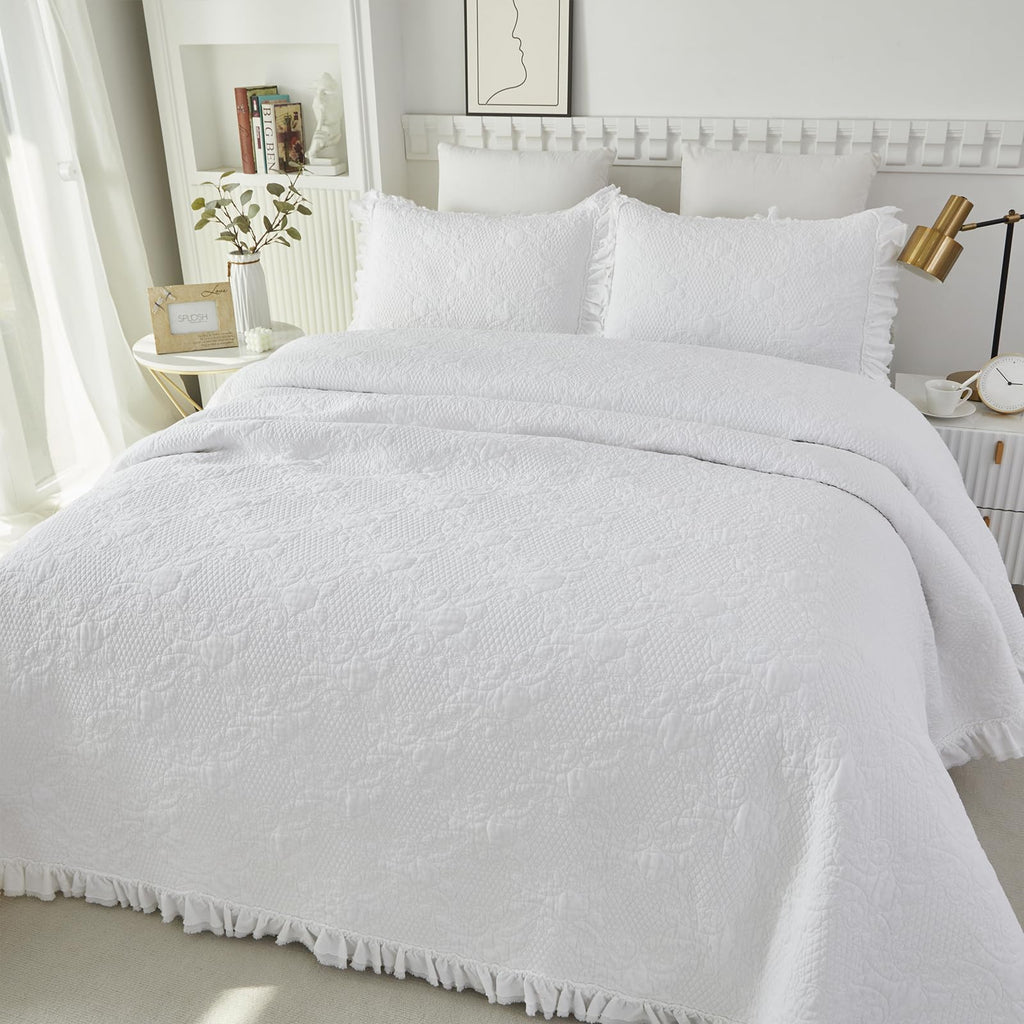 White Quilt Set Cotton Paisley Stitched Matelasse Coverlet