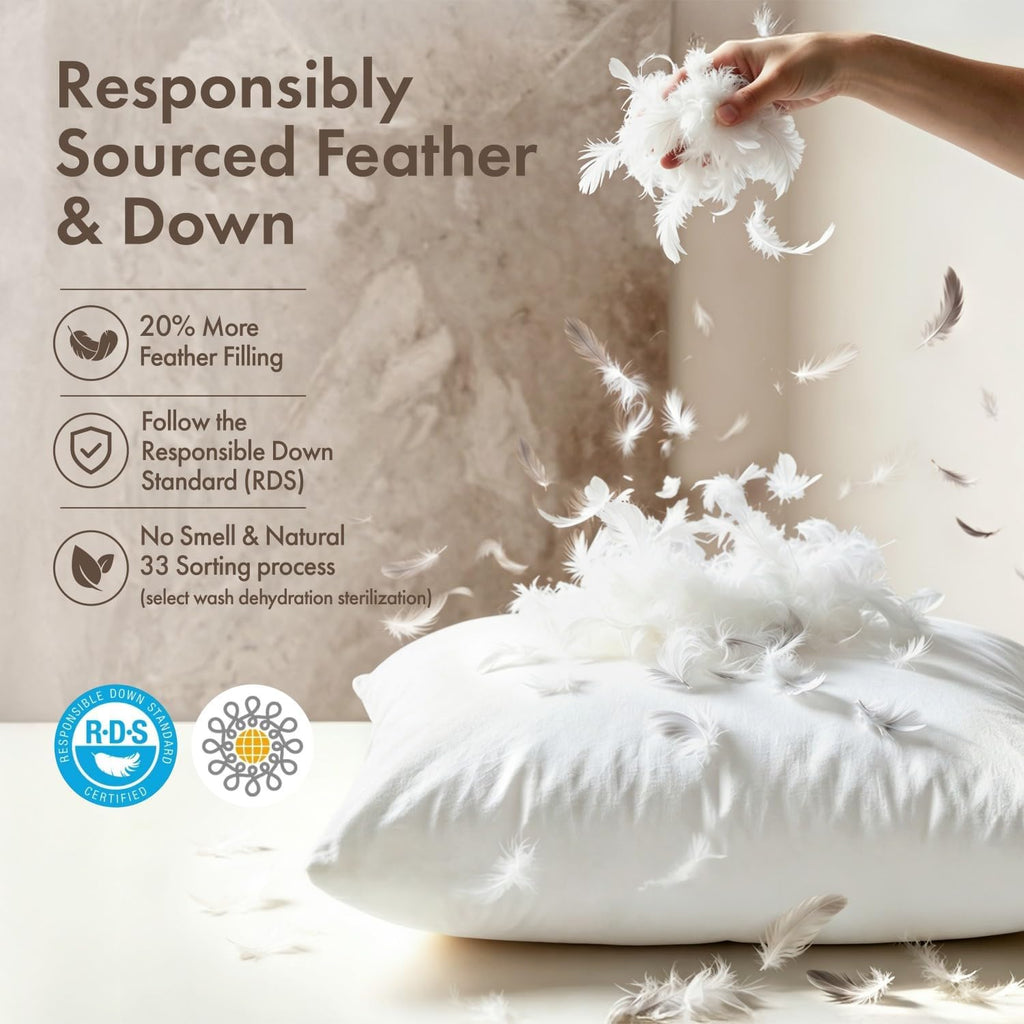 Feather Pillow Insert 22x22, Throw Pillow with Cotton Cover
