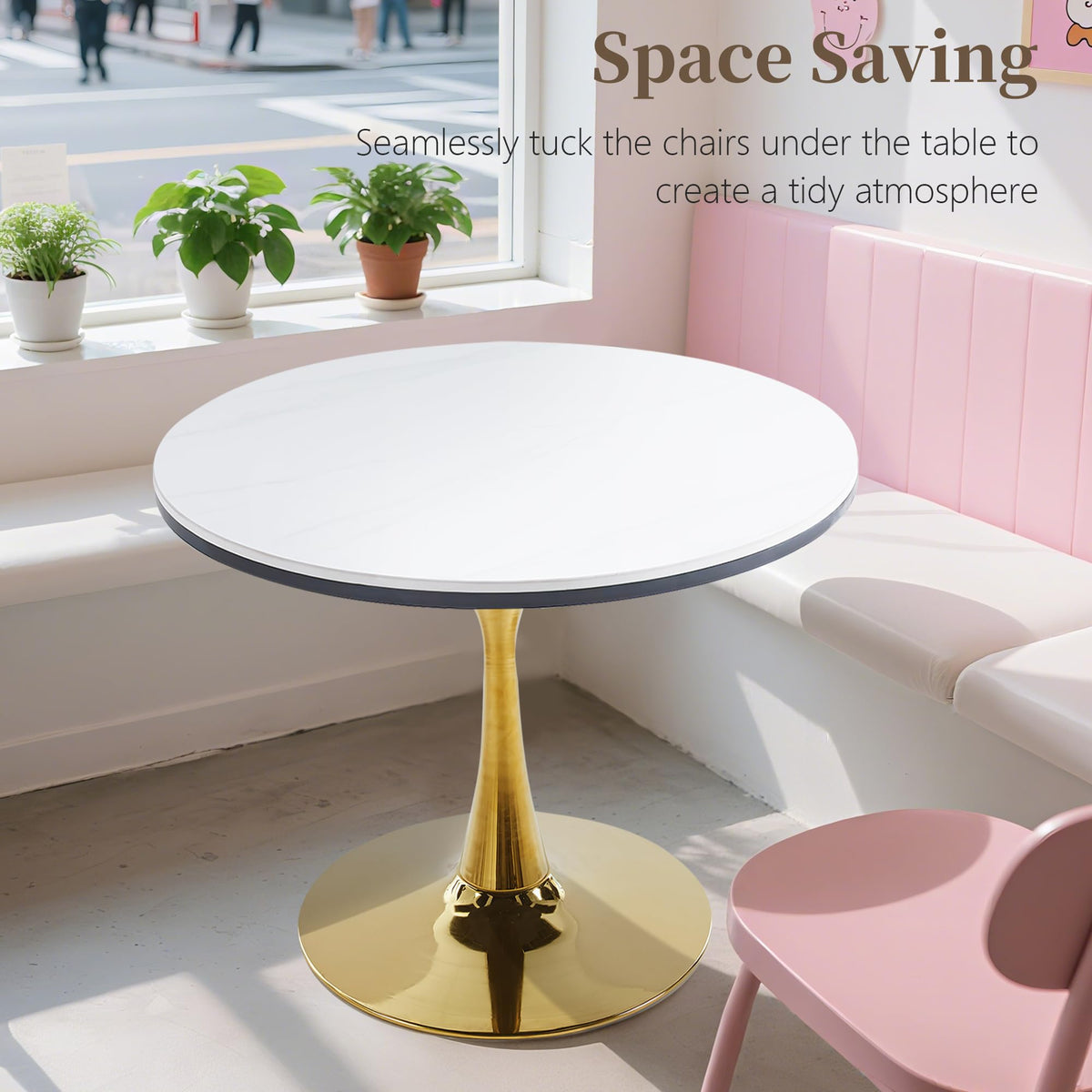 Inspired Saarinen Style 31.5" Sintered Stone Round Tulip Table with Gold Metal Pedestal