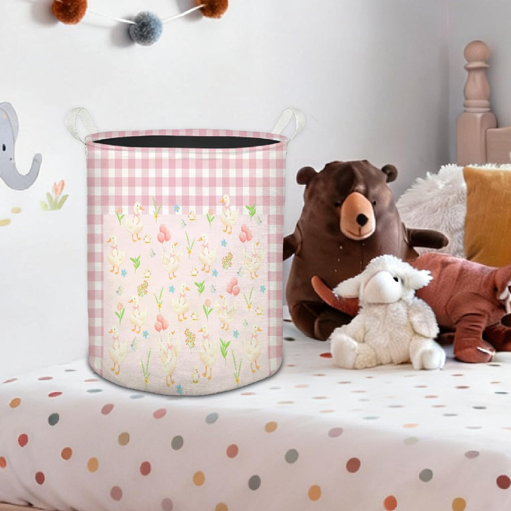 Mother Goose Girl Nursery Laundry Basket, Pink and White Checkered Cute Goose Foldable Laundry Hamper With Handles