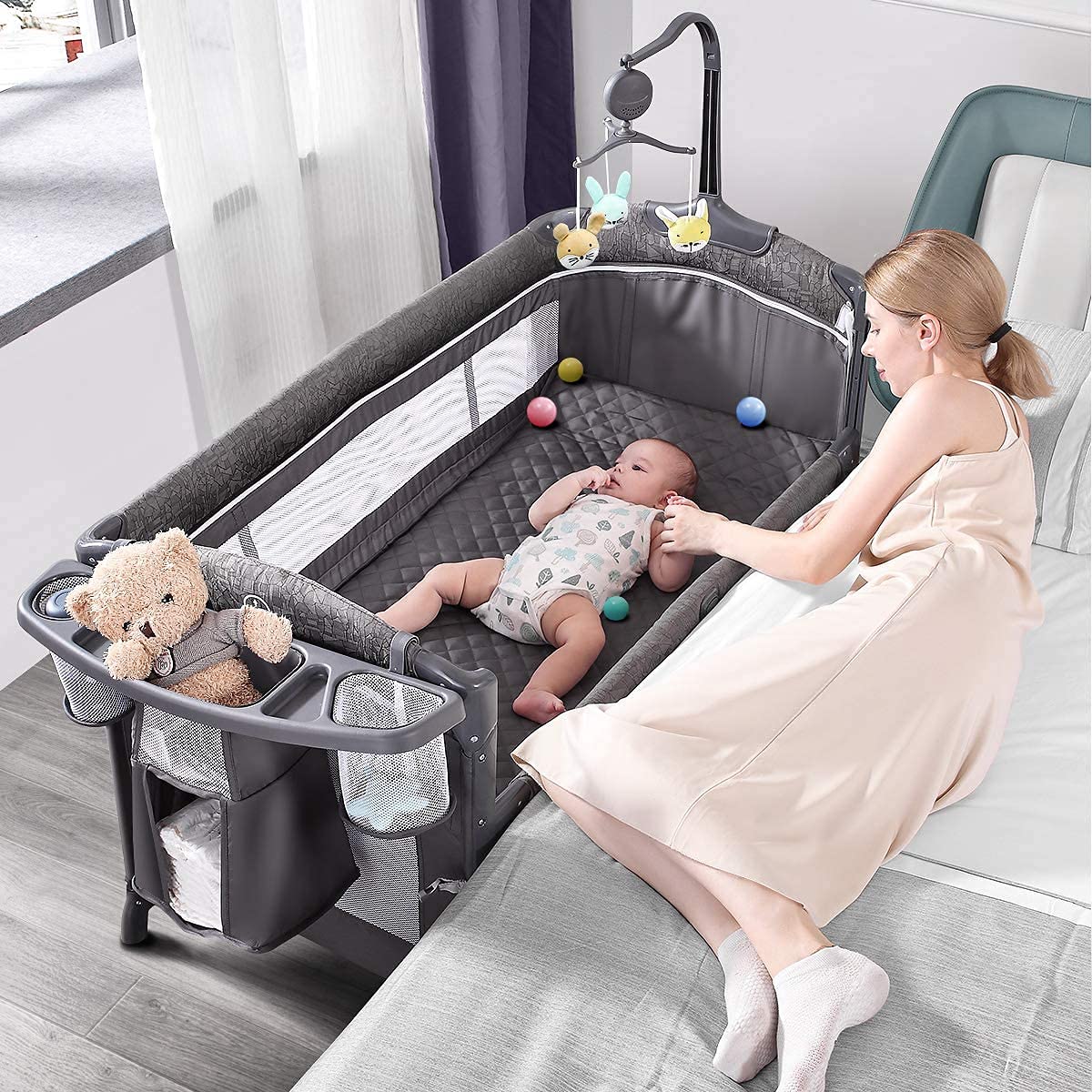 Baby Bassinet Bedside Crib, Play Yard, Diaper Changer, Grey