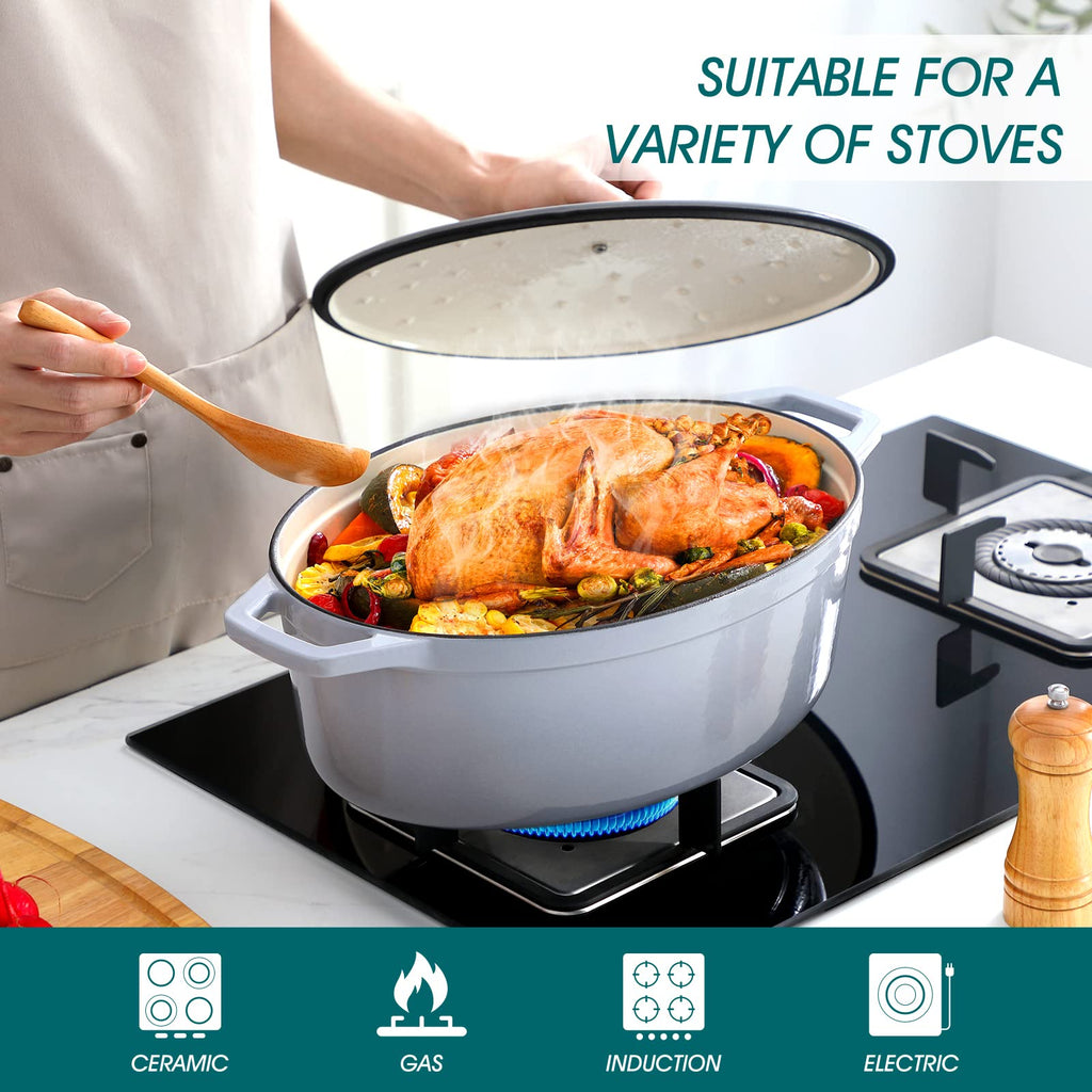 9.3 Qt Oval Enameled Cast Iron Dutch Oven with Lid, Grey