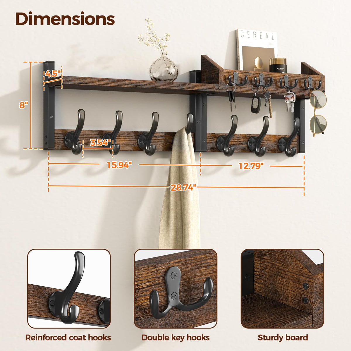 29" Coat Rack Wall Mount with Shelf, Rustic Brown