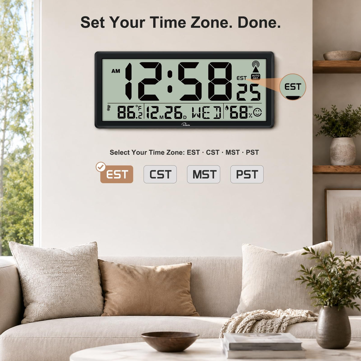 Inspired Nelson Style 14.5" Atomic Clock with Indoor Temp and Humidity, Battery Operated