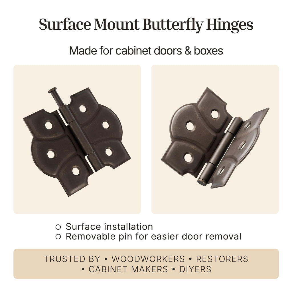 Antique Brass Butterfly Hinges with Removable Pin - Pack of 20 - Surface Mount Cabinet Door Hinges - (10)